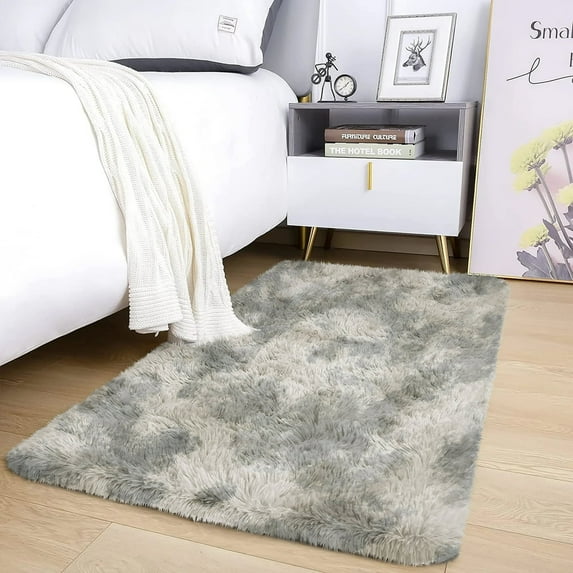 IR Imperial Rooms Shaggy Rug 3x5ft for Bedroom Fluffy Shag Rug Anti-Slip Living Room Washable Soft Carpet Tie Dye Light Gray