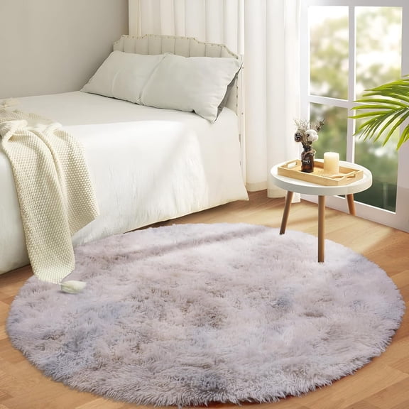 IR Imperial Rooms Shaggy Rug 4x4ft Round for Bedroom Fluffy Shag Rug Anti-Slip Living Room Washable Soft Carpet Tie Dye Light Gray