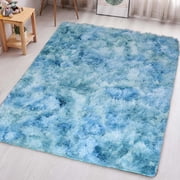 IR Imperial Rooms Shaggy Rug 8x10ft for Bedroom Fluffy Shag Rug Anti-Slip Living Room Washable Soft Carpet Tie Dye Teal