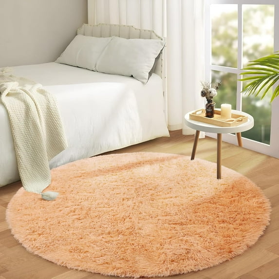 IR Imperial Rooms Solid Collection Shaggy 4x4Ft Round Rug for Living Room Fluffy Rug Beige