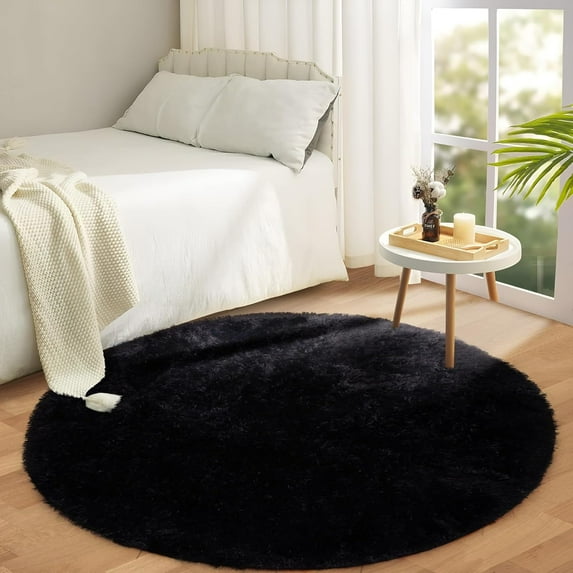 IR Imperial Rooms Solid Collection Shaggy 4x4Ft Round Rug for Living Room Fluffy Rug Black