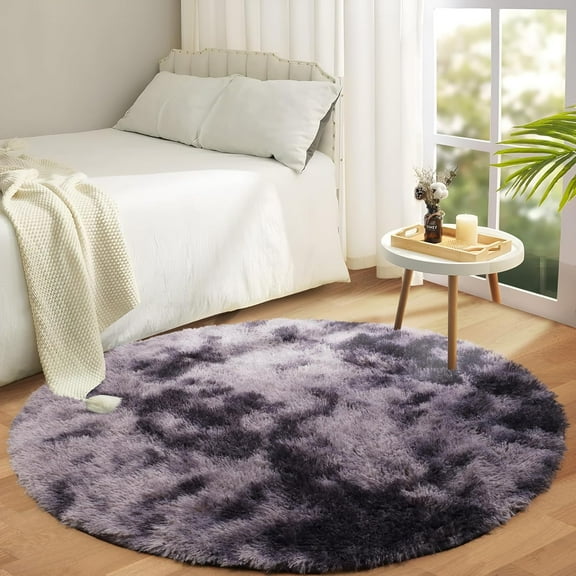IR Imperial Rooms Solid Collection Shaggy 4x4Ft Round Rug for Living Room Fluffy Rug Grey Tie Dye