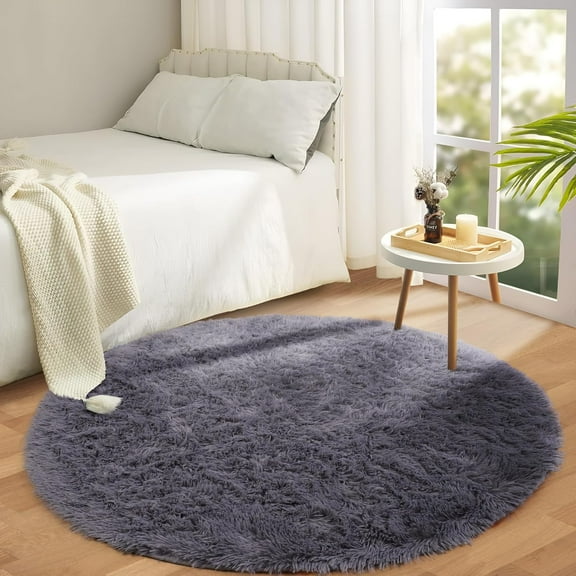 IR Imperial Rooms Solid Collection Shaggy 4x4Ft Round Rug for Living Room Fluffy Rug Grey