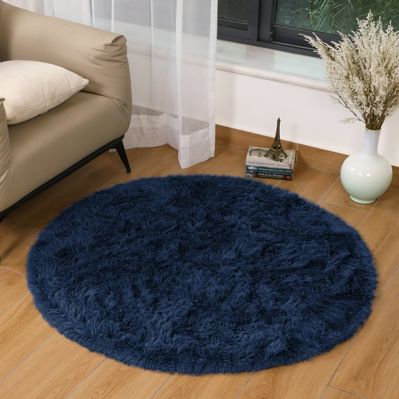 IR Imperial Rooms Solid Collection Shaggy 4x4Ft Round Rug for Living Room Fluffy Rug Navy