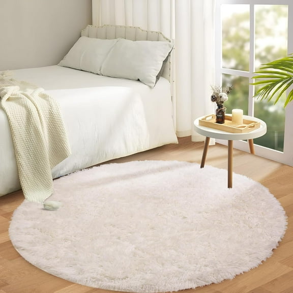 IR Imperial Rooms Solid Collection Shaggy 4x4Ft Round Rug for Living Room Fluffy Rug White
