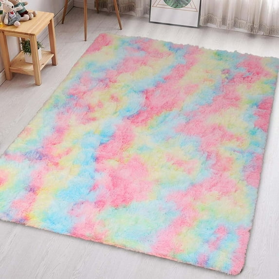 IR Imperial Rooms Solid Collection Shaggy 5x7Ft Rectangle Rug for Bed Room Faux Fur Rug Rainbow