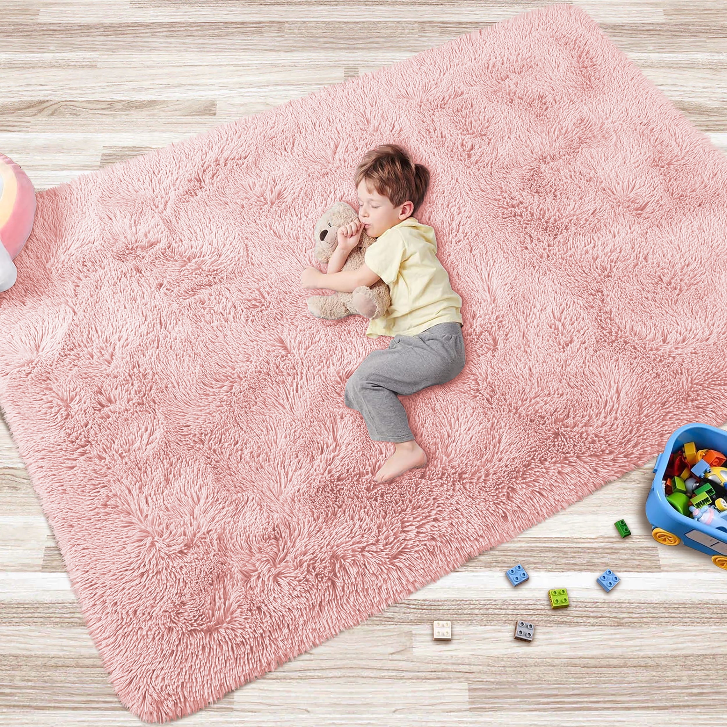 Pink 8' x 10' Shag Synthetic Fur Area Rug with Memory Foam