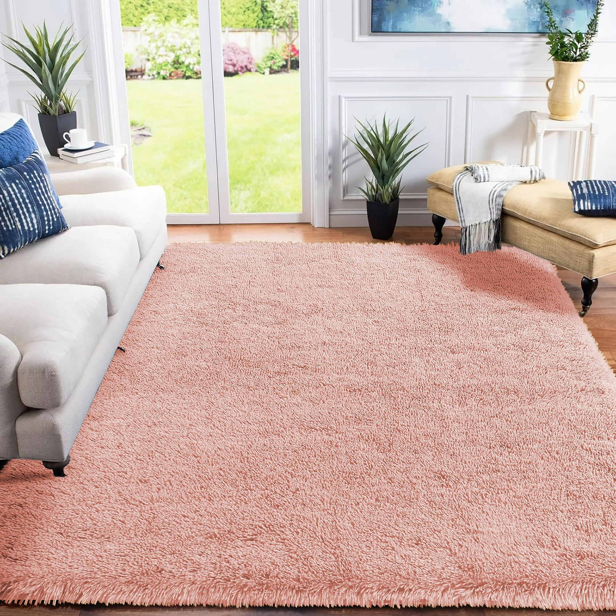 Pink 8' x 10' Shag Synthetic Fur Area Rug with Memory Foam