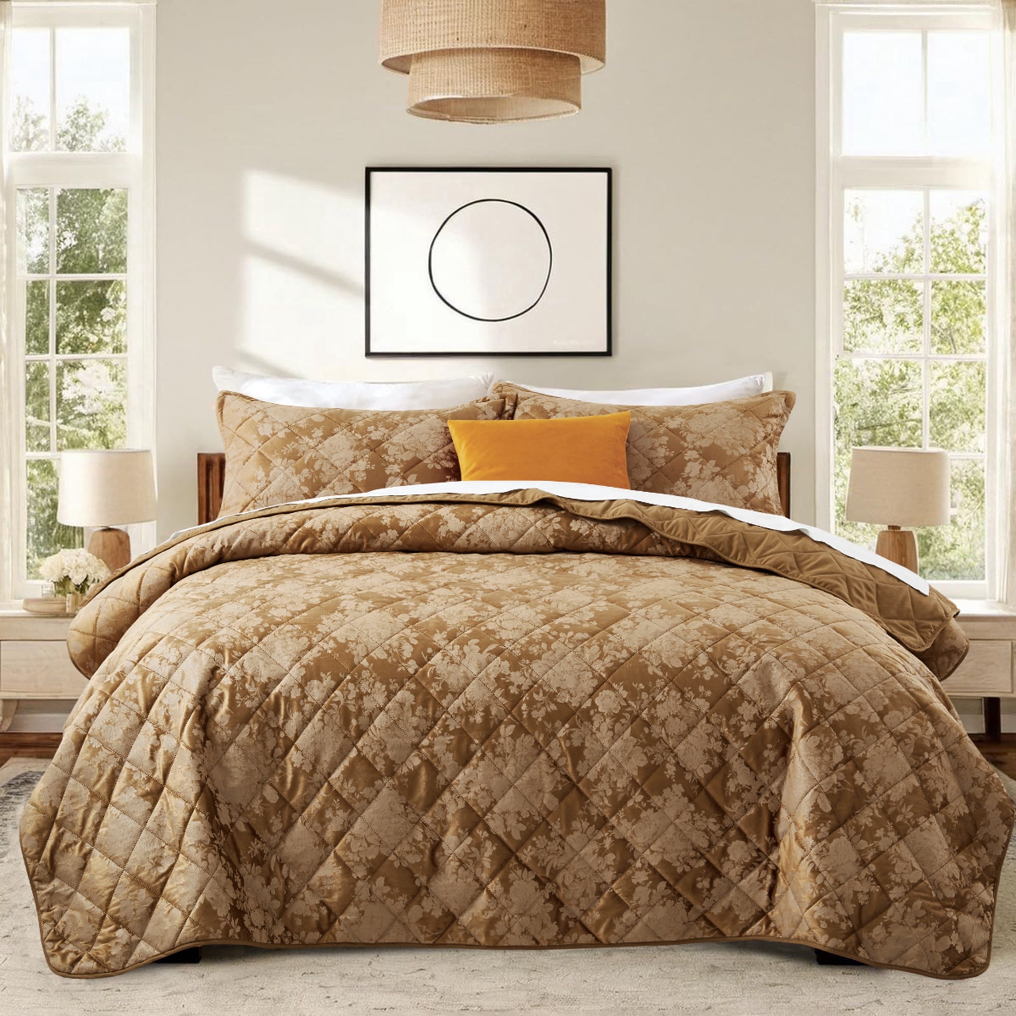 IR Imperial Rooms Velvet Bedspread Floral Pattern 3-Piece Set Ultrasonic Embossed Quilt Reversible Soft Microfiber Coverlet Queen Size Caramel