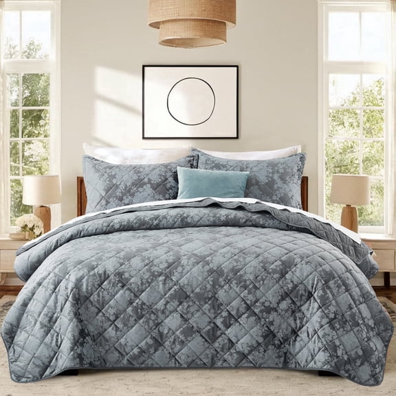 IR Imperial Rooms Velvet Bedspread Floral Pattern 3-Piece Set Ultrasonic Embossed Quilt Reversible Soft Microfiber Coverlet Queen Size Grey