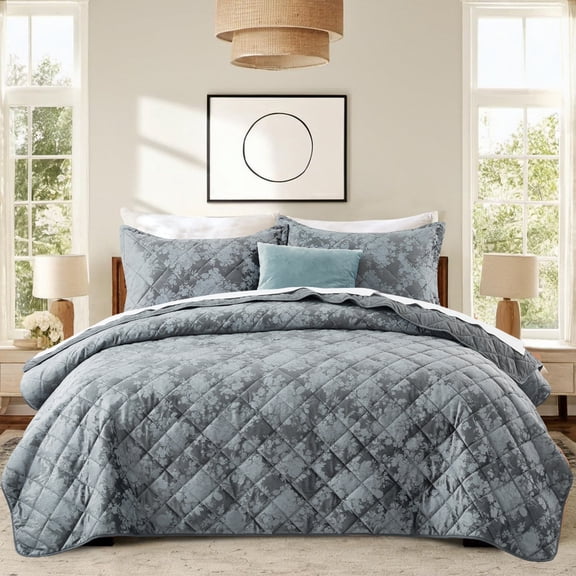 IR Imperial Rooms Velvet Bedspread Floral Pattern 3-Piece Set Ultrasonic Embossed Quilt Reversible Soft Microfiber Coverlet Queen Size Grey