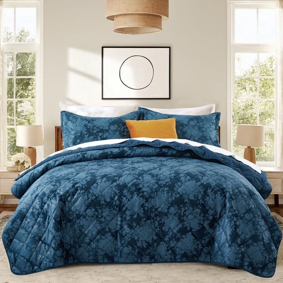 IR Imperial Rooms Velvet Bedspread Floral Pattern 3-Piece Set Ultrasonic Embossed Quilt Reversible Soft Microfiber Coverlet Queen Size Navy