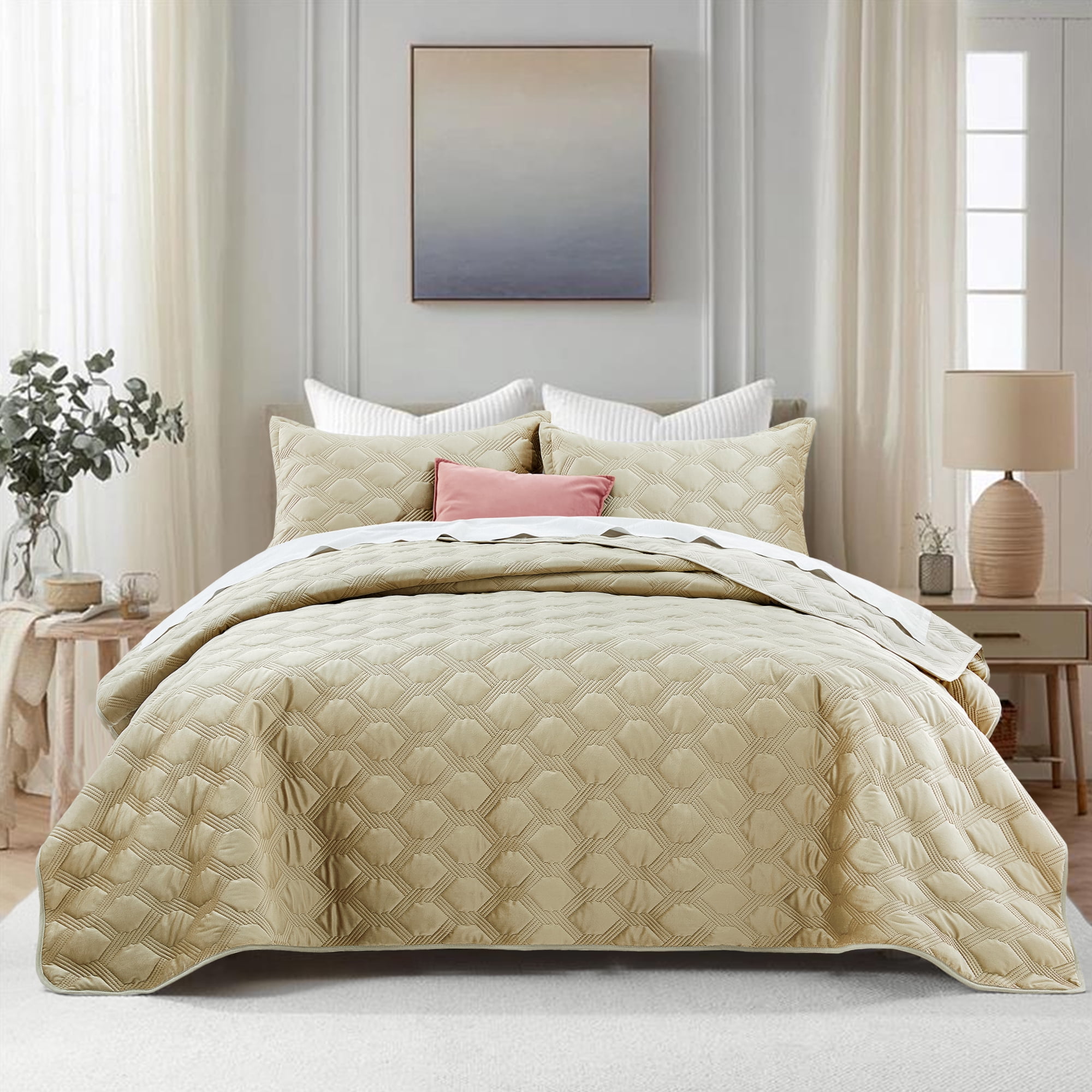 IR Imperial Rooms Velvet Quilt Set 3 Piece Geometric Ultrasonic Embossed Bedspread Reversible 350GSM Soft Brushed Microfiber Beige Full/Queen
