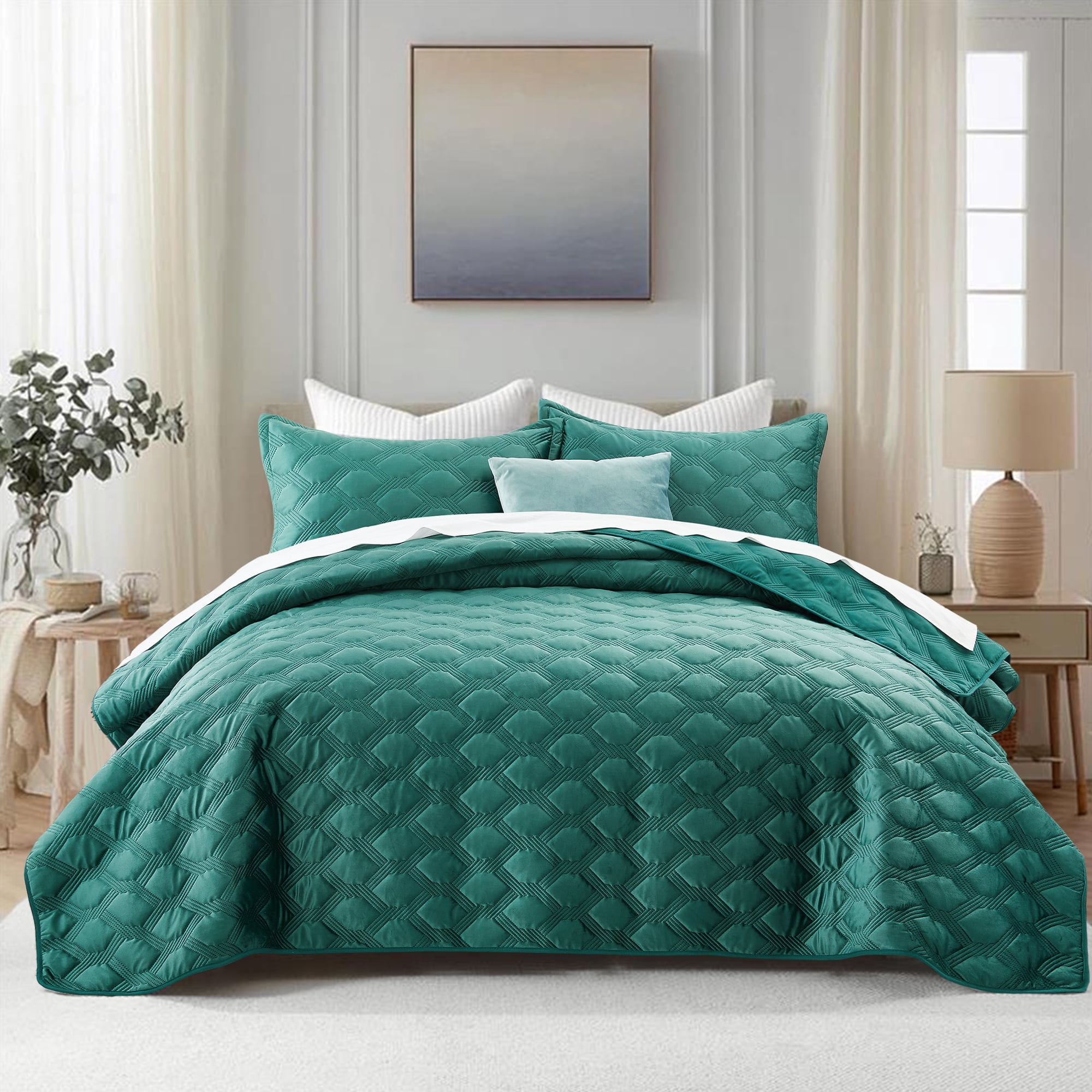 IR Imperial Rooms Velvet Quilt Set 3 Piece Geometric Ultrasonic Embossed Bedspread Reversible 350GSM Soft Brushed Microfiber Emerald Green Full/Queen