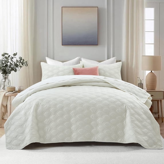IR Imperial Rooms Velvet Quilt Set 3 Piece Geometric Ultrasonic Embossed Bedspread Reversible 350GSM Soft Brushed Microfiber Ivory Full/Queen
