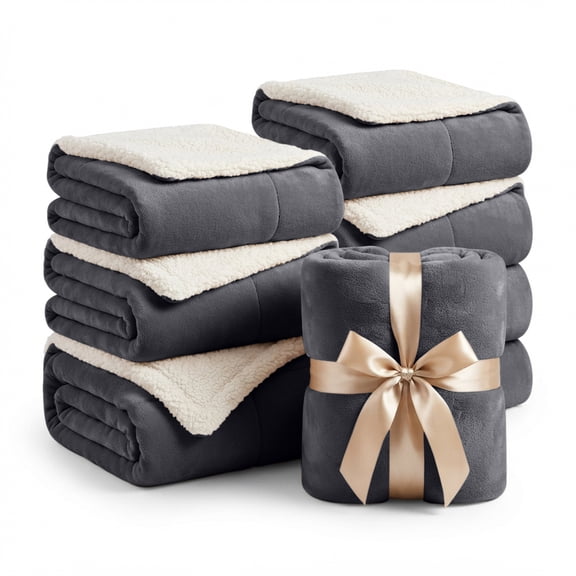 IR Imperial Rooms Wholesale Sherpa Fleece Blankets 08-Packs Warm & Soft Plush Washable Lightweight Cozy for Charity & Gift Gray Queen Size