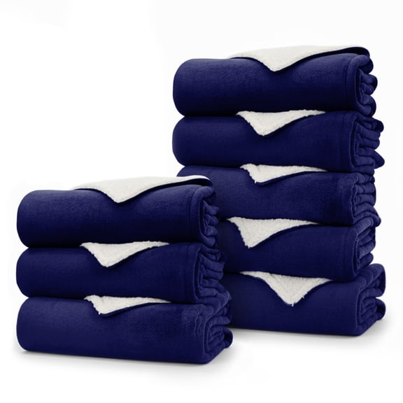 IR Imperial Rooms Wholesale Sherpa Fleece Blankets 08-Packs Warm & Soft Plush Washable Lightweight Cozy for Charity & Gift Navy Queen Size