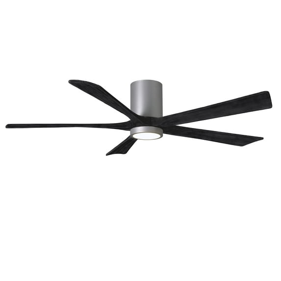 IR5HLK five-blade flush mount paddle fan in Brushed Nickel finish with 60” solid matte black wood blades and integrated LED light kit.
