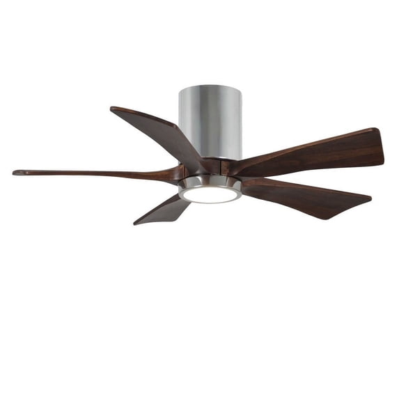 IR5HLK five-blade flush mount paddle fan in Polished Chrome finish with 42” solid walnut tone blades and integrated LED light kit.