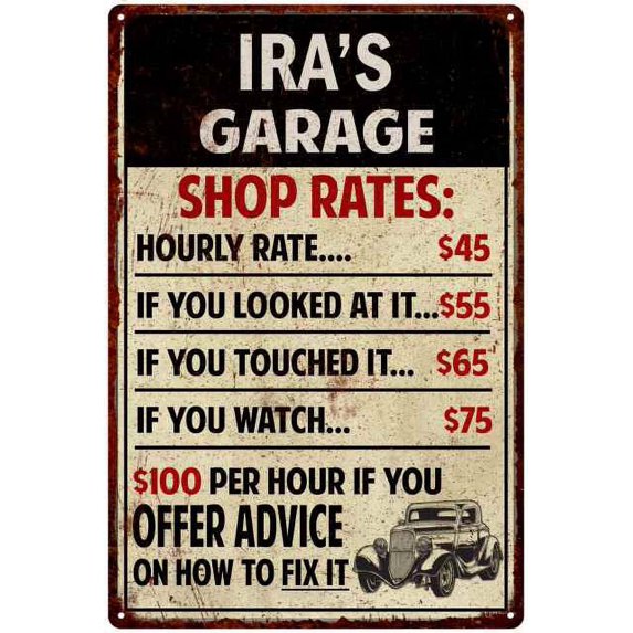 IRA'S Garage Shop Rates Sign Man Cave Decor Gift 8x12 Metal 108120010354