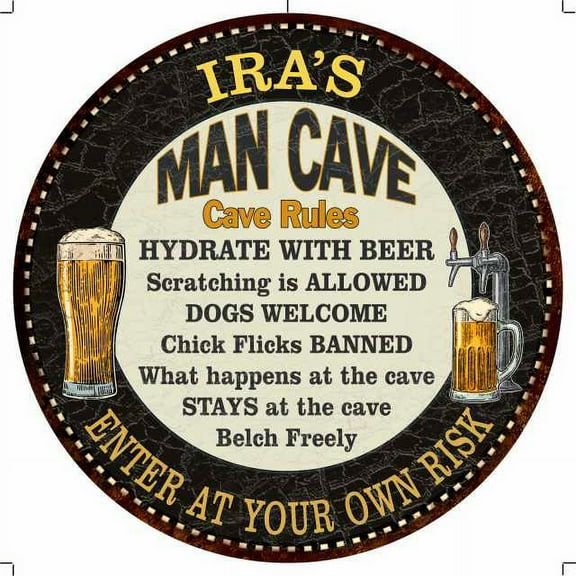 IRA'S Man Cave Rules 14" Round Metal Sign Garage Bar Decor 100140010011