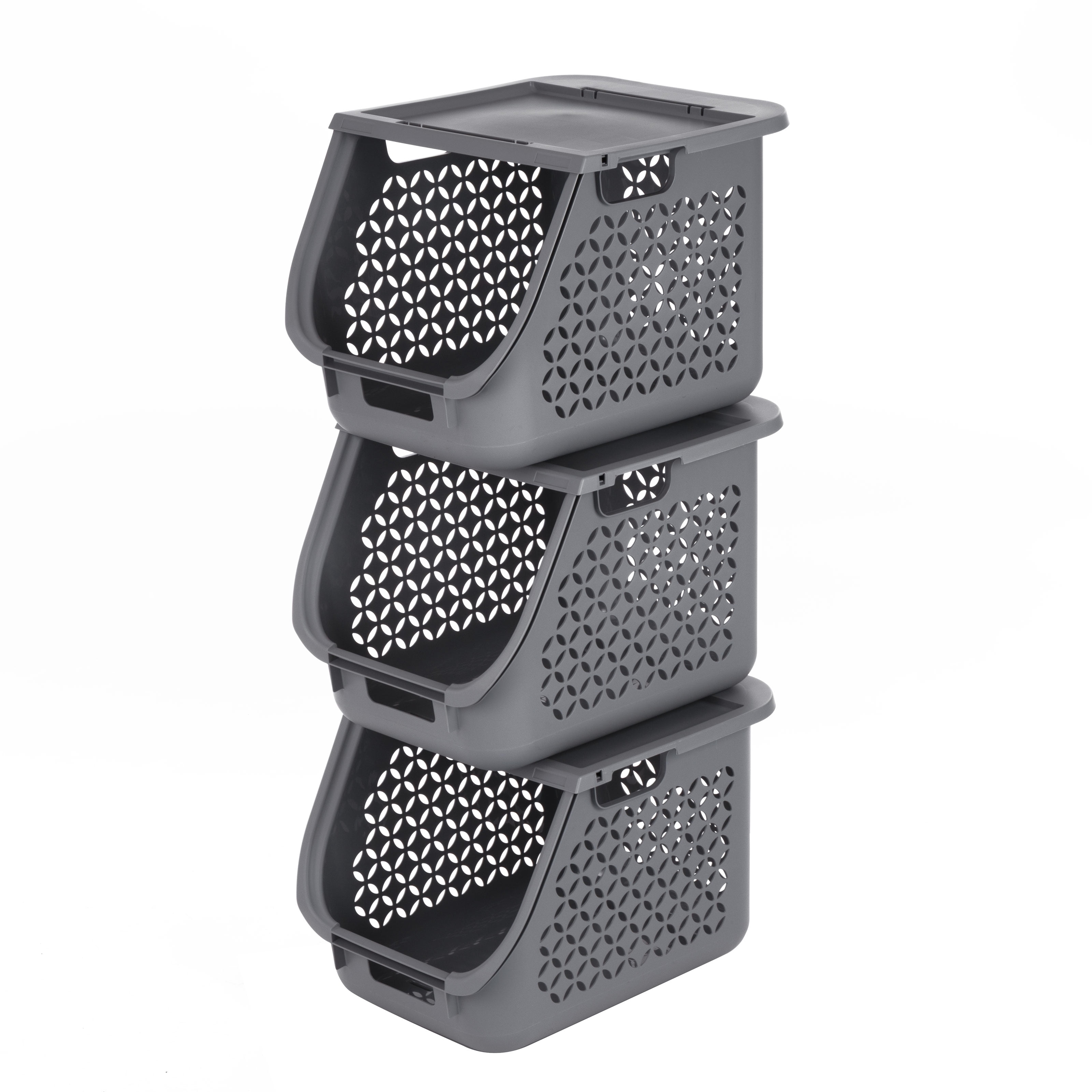 IRIS,1.33bu Stacking Laundry Basket Gray 3PK  - 47 Liter