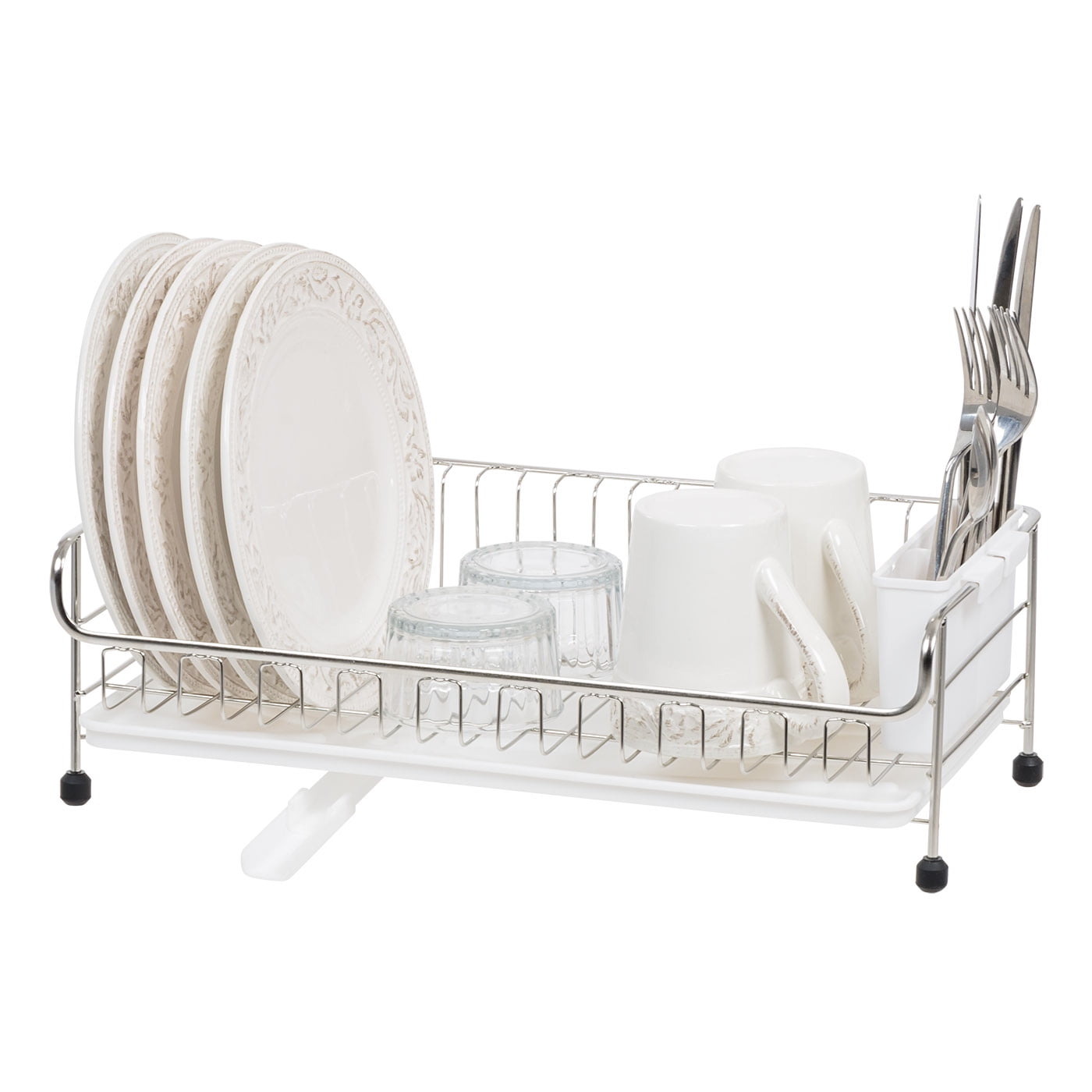 Compact White Stainless Steel Dish Rack with Drain Spout