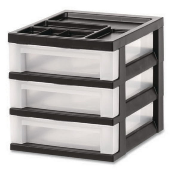 Iris Inc 116351 3-drawer Desktop Storage With Top Organizer Tray, Plastic, 12.17 X 14.33 X 12.93, Black/translucent