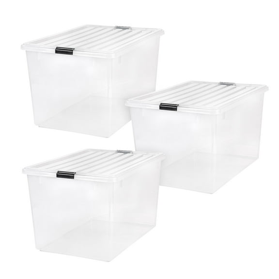 IRIS 144 Qt Stackable Plastic Storage Bins with Lids and Latching Buckles, Clear, 3Pk