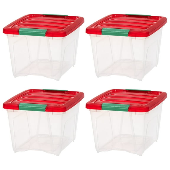 IRIS 19 Qt Stackable Holiday Plastic Storage Bins with Lids and Latching Buckles Clear Red 4 Pack