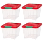 IRIS 19 Qt Stackable Holiday Plastic Storage Bins with Lids and Latching Buckles Clear Red 4 Pack