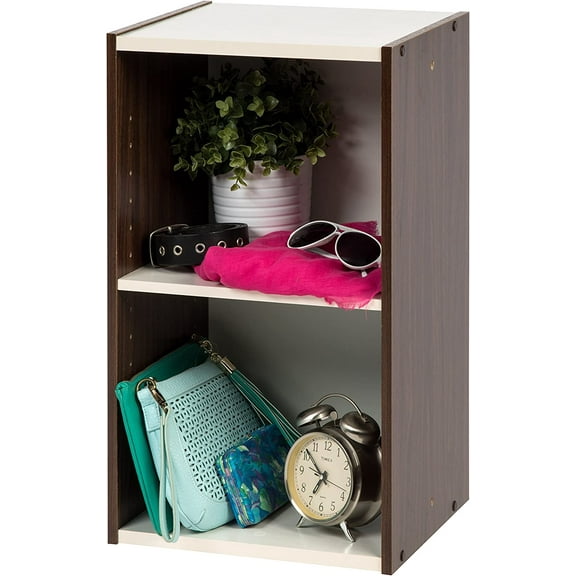 IRIS USA 2 Shelf 14" Space Saving Cube Organizer with Height Adjustable Narrow Shelves, Walnut Brown