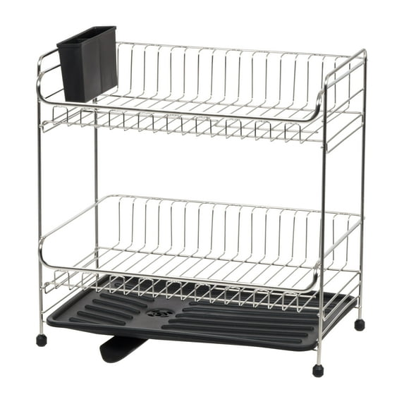 IRIS 2-tier Medium-sized Dish Rack with Drain Spout, Dish Rack and Drainer, Black