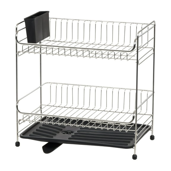 IRIS USA 2-tier Medium-sized Dish Rack with Drain Spout, Dish Rack and Drainer, Black
