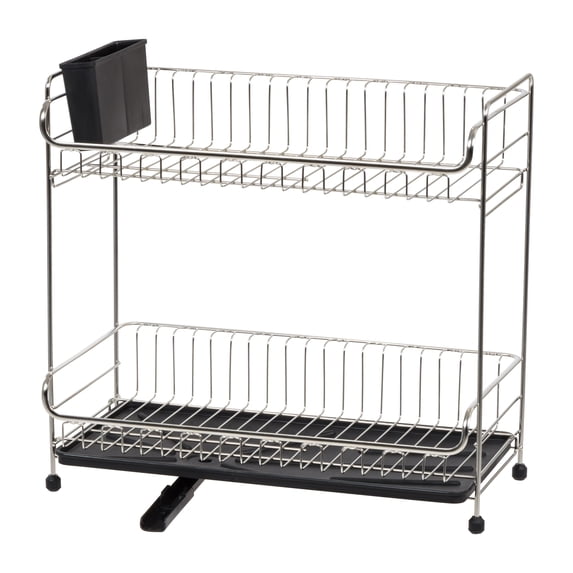 IRIS 2-tier Slim-sized Dish Rack with Drain Spout, Black