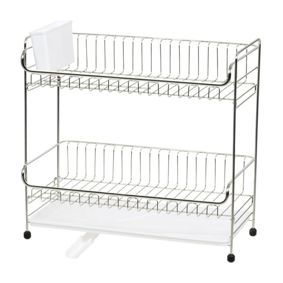 IRIS USA 2-tier Slim-sized Dish Rack with Drain Spout, Dish drying rack, dish drainer, White
