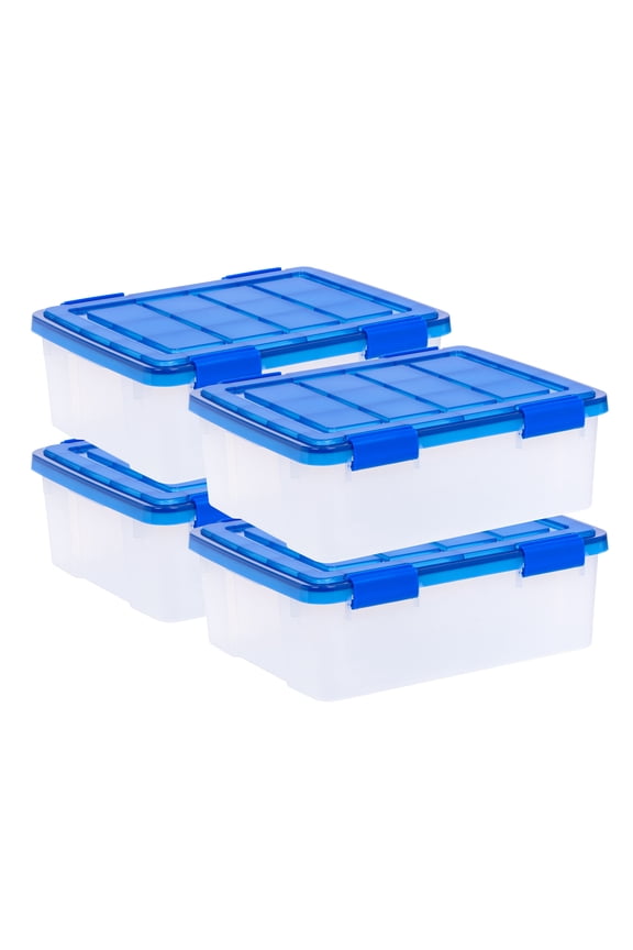 , 26.4 Quart WeatherPro Plastic Storage Boxes, Blue, Set of 4
