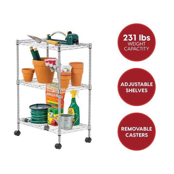 IRIS 3-Tier Wire Storage Shelf with Caster, 600 lb Capacity, 32"W x 14"D x 24"H, Silver