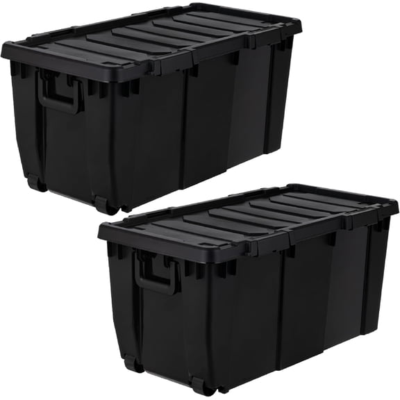 IRIS 32 Gal Heavy Duty Rolling Storage Bin with Lid, Stackable, Black, 2Pk