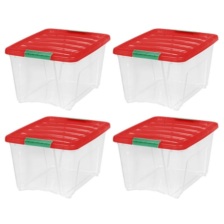 IRIS 32 Qt Stackable Holiday Plastic Storage Bins with Lids and Latching Buckles Clear Red 4 Pack