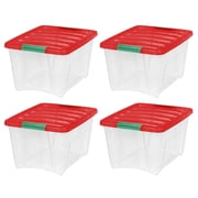 IRIS 32 Qt Stackable Holiday Plastic Storage Bins with Lids and Latching Buckles Clear Red 4 Pack