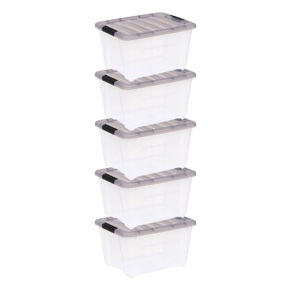 IRIS USA 32QT Stack & Pull Clear Plastic Storage Box, Lid Gray, Set of 5