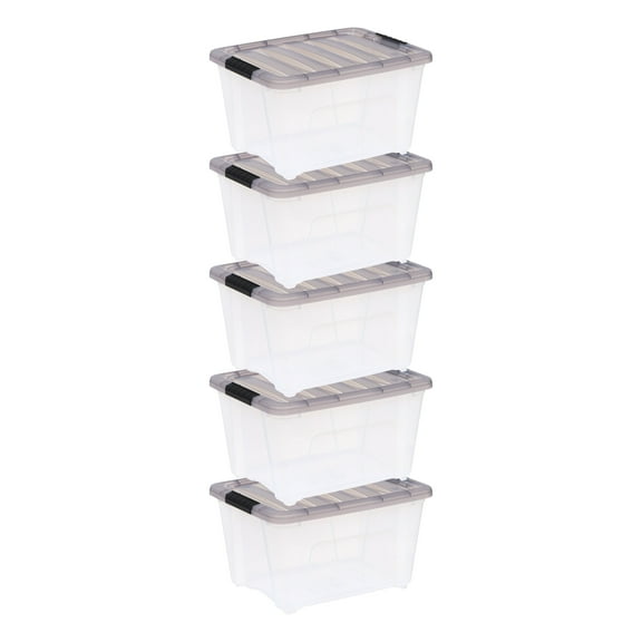 IRIS USA 32QT Stack & Pull Clear Plastic Storage Box, Lid Gray, Set of 5