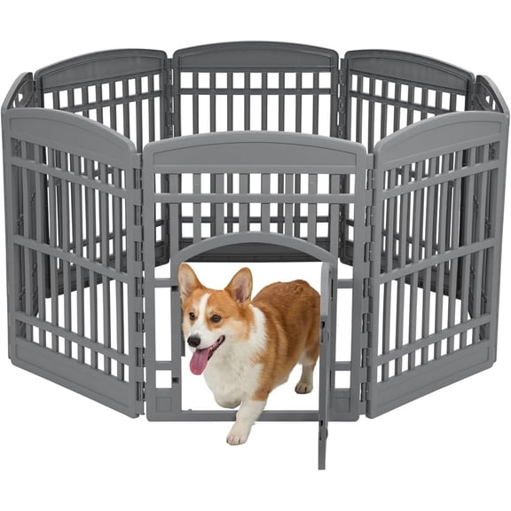 IRIS 34" Dog Playpen 8-Panel Pet Exercise Pen with Door Gate 63 x 63 x 34, Gray