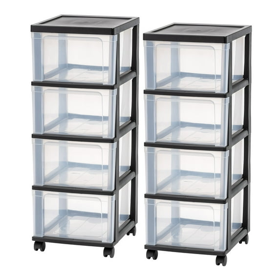 IRIS 4-Drawer Narrow Plastic Storage Drawer Cart, Black, Set of 2