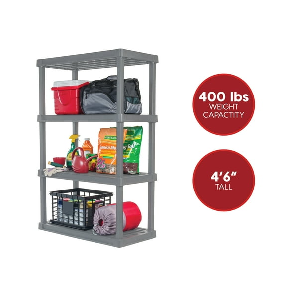 IRIS 4-Tier Plastic Storage Shelves, 55" H x 17" W x 35" D, 400 Lb Total Capacity, Gray