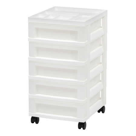 IRIS 5-Drawer Narrow Plastic Storage Drawer Cart with Organizer Top, White
