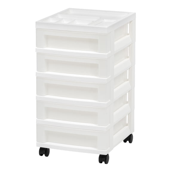 IRIS 5-Drawer Narrow Plastic Storage Drawer Cart with Organizer Top, White