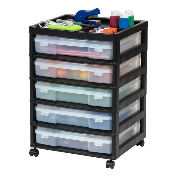 IRIS 5 Drawers Scrapbook Plastic Rolling Storage Cart with Organizer Top with Casters,Black