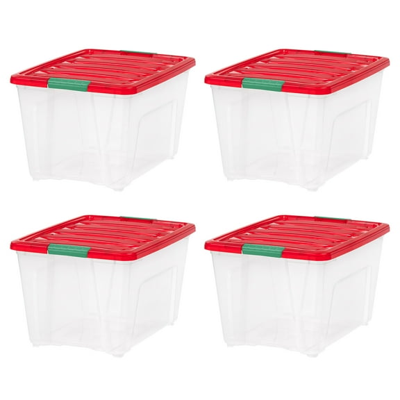 IRIS 54 Qt Stackable Holiday Plastic Storage Bins with Lids and Latching Buckles Clear Red 4 Pack